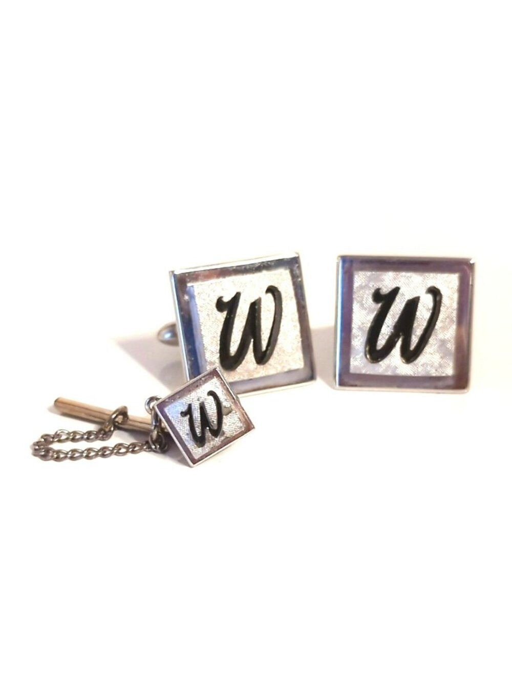 Swank Silver Tone Monogram W Cufflinks Tie Tack Set Vintage
